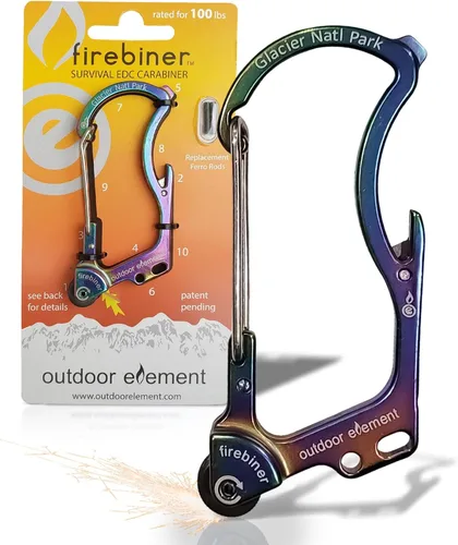 Vista 27 de OUTDOOR ELEMENT Firebiner Custom Engraved 6-in-1 Fire Starter Carabiner Multitool – Survival Gear EDC Keychain with Utility Blade, Bottle Opener