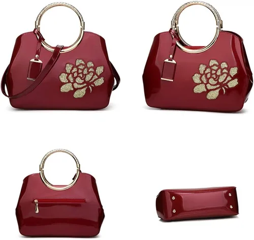 Vista 2 de Bolso para mujer, bolso de cuero de patente, bolso elegante de la manija superior del bolso del bordado de la flor