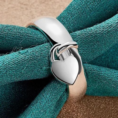 Vista 5 de Anillo de plata de ley 925 con forma de corazón colgante con cierre de corazón clásico para mujer, anillo de moda general
