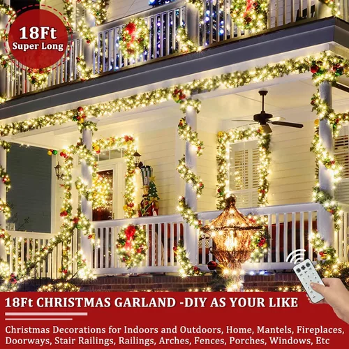 Vista 6 de Control remoto – Guirnalda de Navidad preiluminada de 18 pies de largo para exteriores, 100 luces blancas cálidas y coloridas, temporizador, 12