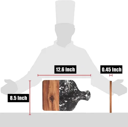 Vista 3 de Tabla de cortar con mármol y madera natural, tabla de servir para frutas de bistec con asa, tabla de cortar para pan como bandejas para servir Negro