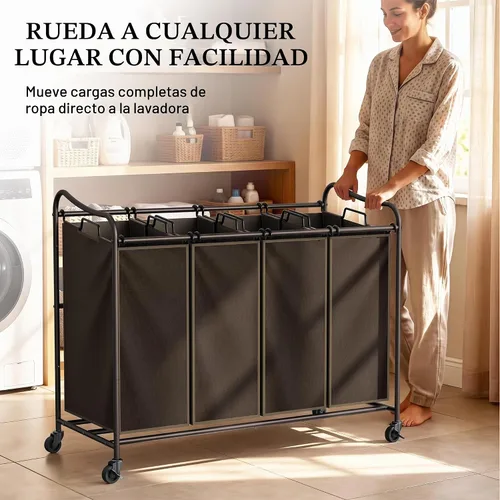 Vista 8 de Simple Houseware - Carrito rodante clasificador de ropa sucia con 4 bolsas, color marrón Bronce