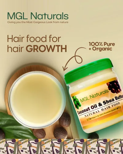 Vista 5 de MGL Naturals Aceite de Coco y Manteca de Karité Alimento Natural para el Cabello elaborado con ingredientes orgánicos. Nutre e hidrata el cabello.
