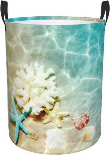 Vista 11 de Cesta de lavandería con diseño de estrellas de mar y flores, impermeable, plegable, con asa duradera, cesta de almacenamiento de ropa sucia redonda