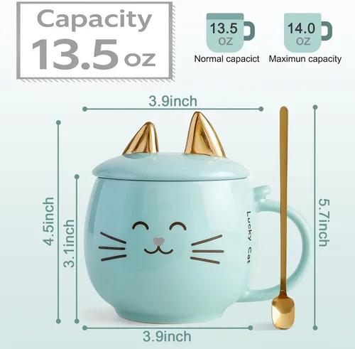 Vista 2 de Yuwu Taza de café de cerámica con cuchara y tapa, taza de 13.5 onzas con tapa de soporte para teléfono, bonita taza de té para mujeres y entusiastas