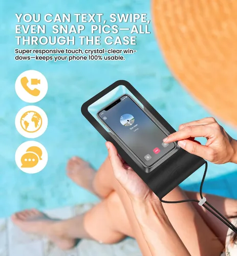 Vista 3 de HiRui Funda impermeable universal para teléfono con pantalla táctil, IP68 impermeable, bolsa seca para playa, compatible con iPhone Negro