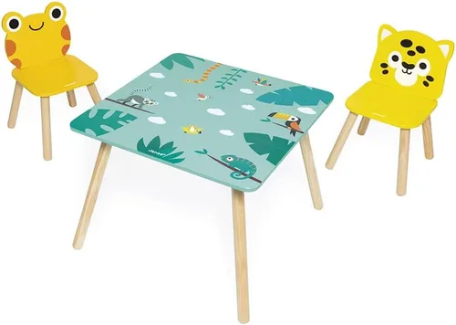 Vista 2 de Janod - Mesa Tropik de Madera y 2 Sillas - Mueble Infantil - Mesa: 21,65 x 21,65" - 1 Silla Jaguar y Rana - Pinturas a Base de Agua - 3 Años + J08273