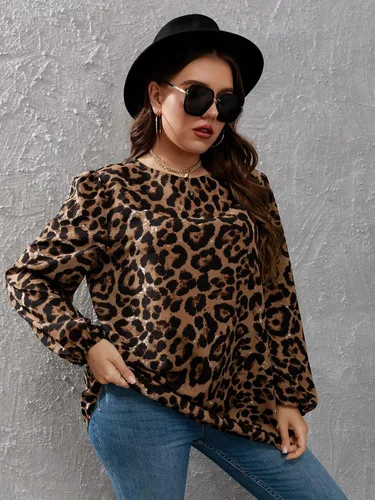 Vista 4 de OYOANGLE Blusa de manga larga con estampado de leopardo para mujer, talla grande, blusa suelta