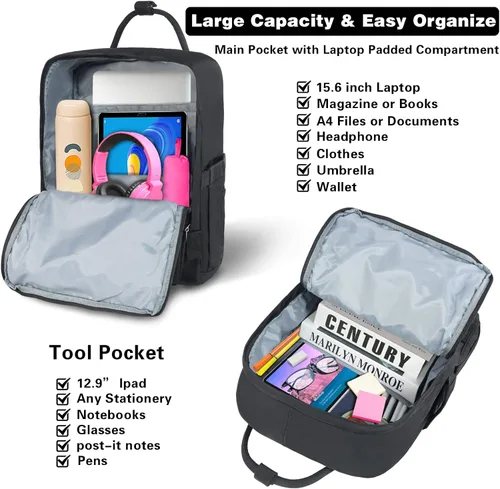 Vista 4 de Bevalsa Mochila Kawaii para niñas y niños, linda mochila Ita con corazón japonés, mochila escolar para adolescentes y niñas con bonitos pines, Negro
