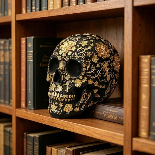 Vista 2 de CUZOKOLA - Decoración gótica de calavera dorada más grande para decoración del hogar, escultura de calavera falsa de Halloween, figura de esqueleto