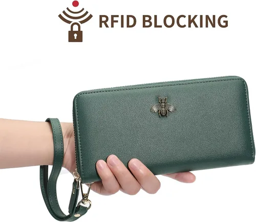 Vista 3 de Billetera para mujer con bloqueo RFID para mujer, carteras largas con correa de muñeca para mujer