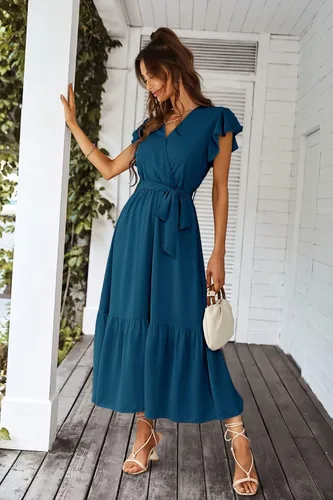 Vista 5 de PRETTYGARDEN - Vestido floral para mujer estilo bohemio, cruzado, con cuello en V, manga corta, con cinturón, dobladillo con volantes, acampanado