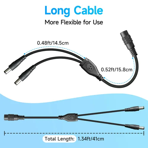 Vista 7 de 2 cables divisores de alimentación de CC de 1 a 2 vías, 1 conector hembra a 2 macho, enchufe de CC de 0.217 in x 0.083 in, adaptador de cable