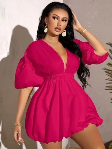 Vista 4 de WDIRARA Vestido de cintura elástica con cuello en V profundo y manga abombada para mujer