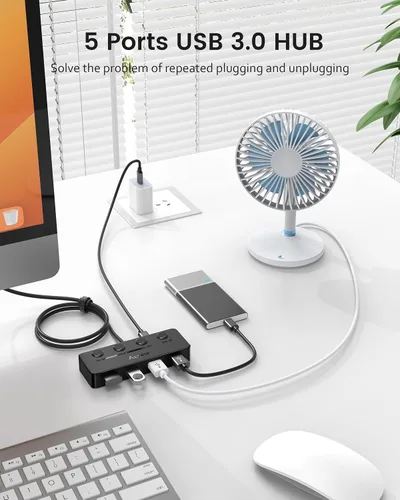 Vista 2 de Aceele Hub USB C, USB C a 4 puertos USB 3.0 Hub con puerto de alimentación tipo C e interruptores individuales de encendido/apagado, divisor USB C
