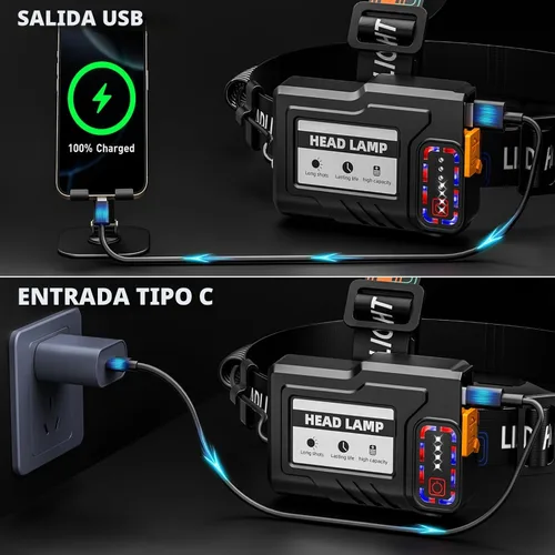 Vista 4 de Linterna frontal recargable de 4000 lúmenes de alta luminosidad, linterna LED súper brillante con sensor de movimiento, 12 modos, impermeable IPX7