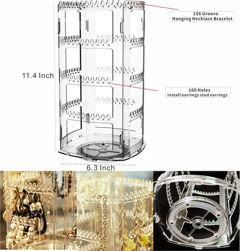Vista 2 de Cq acrylic Organizador giratorio de 360 aretes, 11.4 pulgadas de alto, 4 niveles de acrílico transparente, soporte de exhibición para aretes, 160