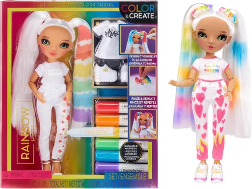 Vista 9 de Rainbow High Muñeca de moda DIY para crear con acuarelas y crear con kit de tie-dye lavable, ojos verdes, cabello largo y liso, top y zapatos