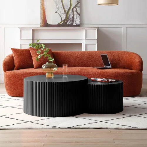 Vista 6 de Juego de 2 mesas de centro redondas negras de 55.12 pulgadas, mesa lateral moderna para sala de estar, diseño contemporáneo de círculo de madera