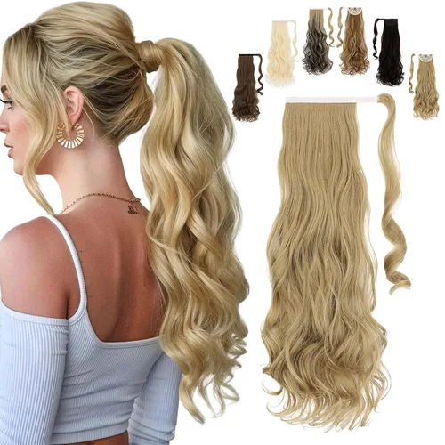 Vista 24 de FELENDY Extensión de cola de caballo, extensiones de cabello largo envolvente de 18 pulgadas, extensiones de cabello ondulado y rizado con clip