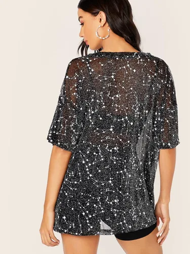 Vista 2 de WDIRARA Blusa de malla para mujer con purpurina transparente y de manga corta