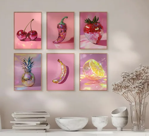 Vista 2 de 6 piezas de arte de pared de bola de discoteca rosa de moda, pintura de bolas de discoteca de frutas, decoración de pared, póster estético