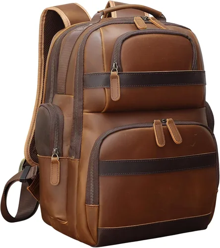 Vista 7 de TIDING Mochila de cuero vintage para hombre de 15.6 pulgadas, bolsa para laptop de gran capacidad, viajes de negocios, senderismo, mochilas de hombro
