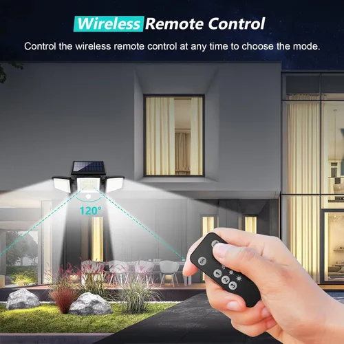 Vista 2 de Tuffenough - Luces solares para exteriores, 2500 lm, 210 luces LED de seguridad con control remoto, 3 cabezales de luces con sensor de movimiento