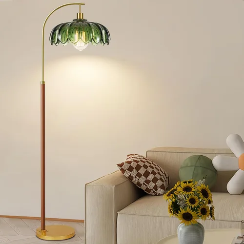 Vista 7 de Lámparas de pie de madera para sala de estar, lámpara de pie dorada con control remoto y pantalla de cristal, lámpara de arco de flores, lámpara