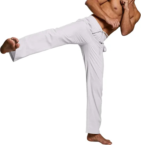 Vista 4 de Enjoybuy Pantalones de lino con cordón para hombre, para playa, golf, cintura elástica, primavera, largos, casuales, sueltos, para yoga, verano