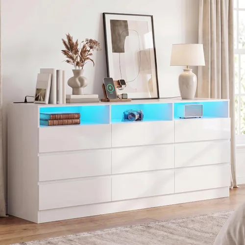 Vista 15 de Gyfimoie - Cómoda blanca de 6 cajones para dormitorio con toma de corriente Blanco