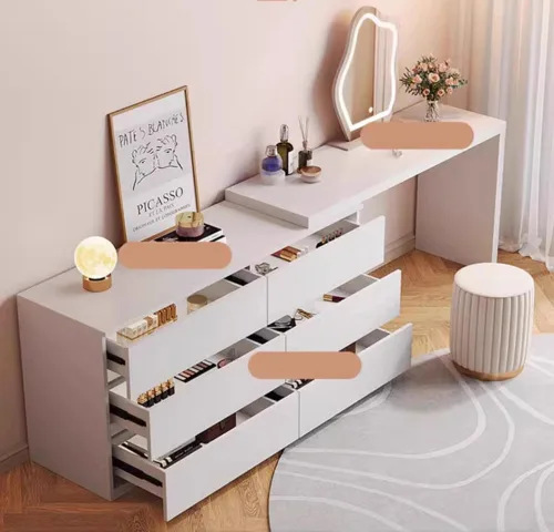 Vista 4 de LAKIQ Moderno juego de escritorio de maquillaje blanco con taburete de espejo, tocador ajustable de madera fabricada con 6 cajones de almacenamiento