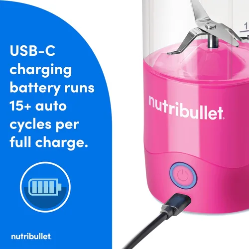 Vista 9 de NutriBullet Licuadora portátil, inalámbrica, recipiente de 20oz, licuadora personal, recargable por USB-C, rosa brillante, NBPB50100BP