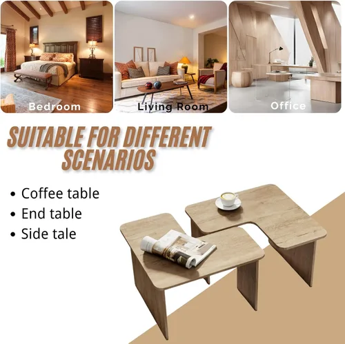 Vista 5 de Juego de 2 mesas de centro anidables modernas, de madera natural, en forma de L, para sala de estar, mesa auxiliar pequeña con mesa central ligera