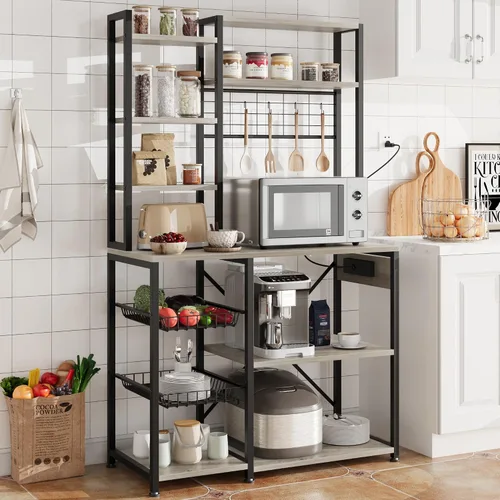 Vista 8 de IDEALHOUSE Estante para panaderos con toma de corriente, soporte para microondas con 2 cajones de alambre, estación de barra de café industrial