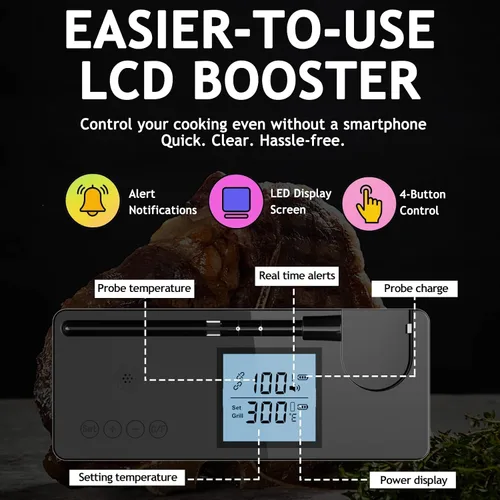 Vista 3 de Termómetro digital inalámbrico para carne con rango de 800 pies, termómetro Bluetooth 5.3 para alimentos con sonda de doble temperatura, pantalla