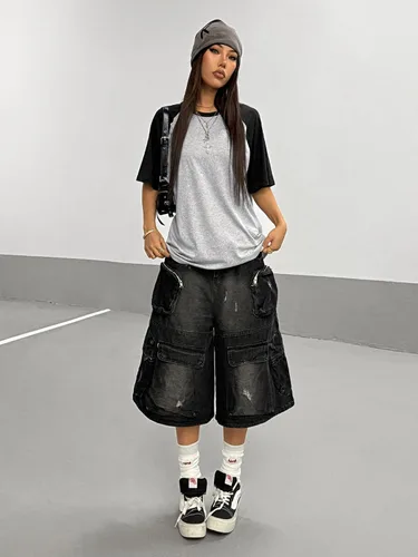 Vista 4 de Verdusa Camiseta casual de manga corta con cuello redondo de gran tamaño para mujer