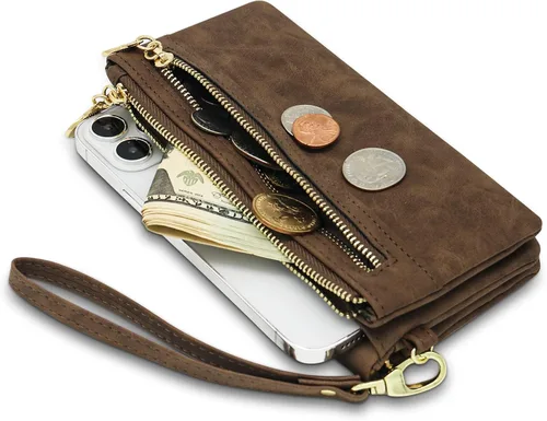 Vista 3 de Cartera de cuero vegano para mujer cartera larga plegable para mujer con bolsillo con cremallera Café
