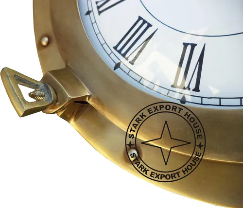 Vista 5 de Navegación náutica antigua Navegación marina de latón ojo de buey reloj de pared de latón macizo 15 pulgadas mejor para regalo (K RY)