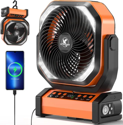 Vista 11 de KITWLEMEN - Ventilador de camping con luz - Ventilador recargable de 20,000 mAh con batería, tiempo máximo de funcionamiento de 60 horas, 4