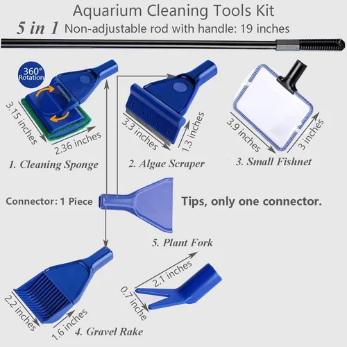 Vista 2 de Kit de herramientas de limpieza de acuario 5 en 1 función para tanque de peces largo y profundo, incluyendo raspador de algas, esponja de limpieza