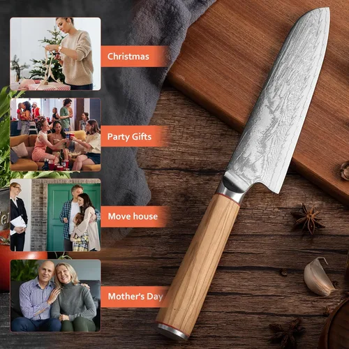 Vista 6 de Cuchillo Santoku de 8 pulgadas, cuchillo de cocina japonés profesional con acero de Damasco de 66 capas, borde afilado, mango ergonómico