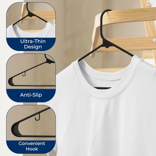 Vista 5 de SereneLife - Juego de 10 perchas de plástico con gancho de metal, color negro Non-Slip, Lightweight hangers with a slim profile help keep closets