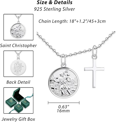 Vista 6 de FJ St Christopher Necklace 925 Sterling Silver Religious Protection Pendant for Men Women