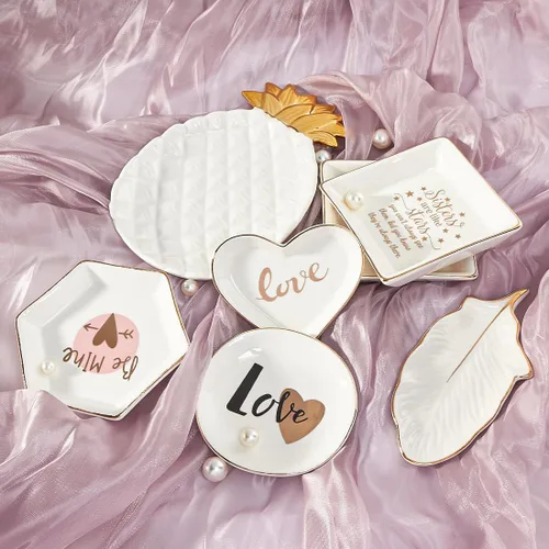 Vista 6 de Bandeja de cerámica para joyas, bonita bandeja de joyería para decoración del baño del hogar, regalos para mujeres, amigas, hermanas, redondas.