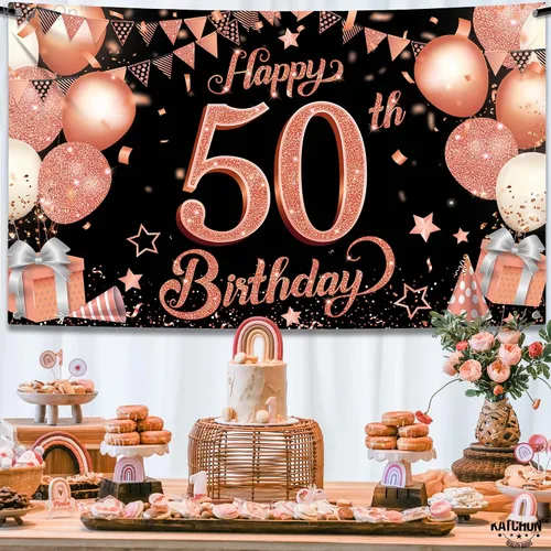 Vista 7 de KatchOn, Cartel de cumpleaños número 50 de oro rosa – Xtragrande de 72 x 44 pulgadas Decoraciones de cumpleaños 50 para mujer Cartel Hbd