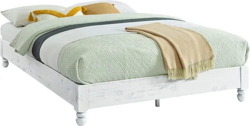 Vista 4 de MUSEHOMEINC Base de cama de plataforma de madera maciza, estilo rústico, base de colchón (no necesita somier), acabado blanco lavado