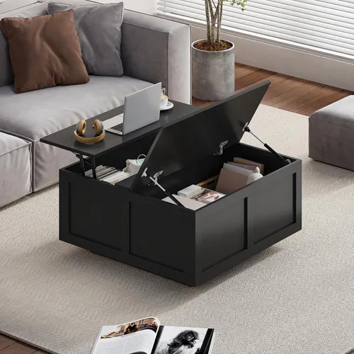 Vista 5 de HedoAjim Mesa de centro elevable con almacenamiento, mesa de centro cuadrada negra de 31.5 pulgadas con gran almacenamiento oculto, mesa central