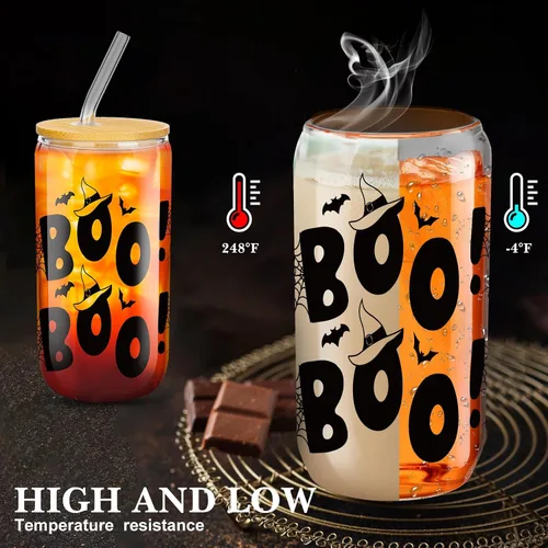 Vista 3 de meekoo 6 tazas de vidrio de Halloween de 16 onzas, tazas de café helado, calabazas, murciélagos, fantasmas, vasos de cerveza con tapas y pajitas