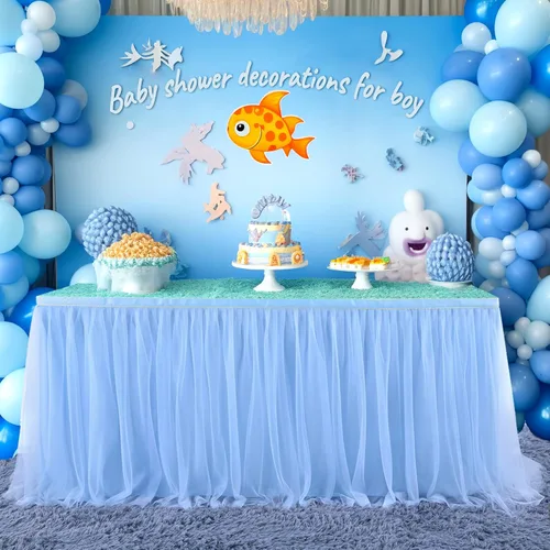 Vista 3 de Suppromo Pack de 2 faldas de mesa de tul azul de 6 pies para mesas rectangulares o redondas, mantel de tul azul para baby shower, cumpleaños